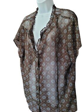 Covington Geometric Print Top 24W Brown Short Sleeve Sheer Lightweight Blouse